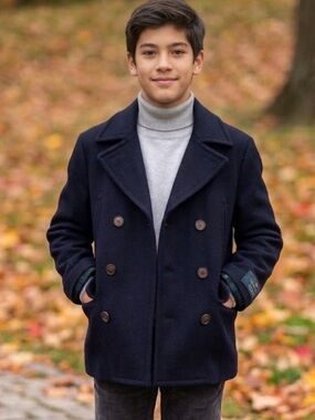 Ralph Lauren Navy Blue Wool Cropped Double Breasted Petite Coat Jackets 12R